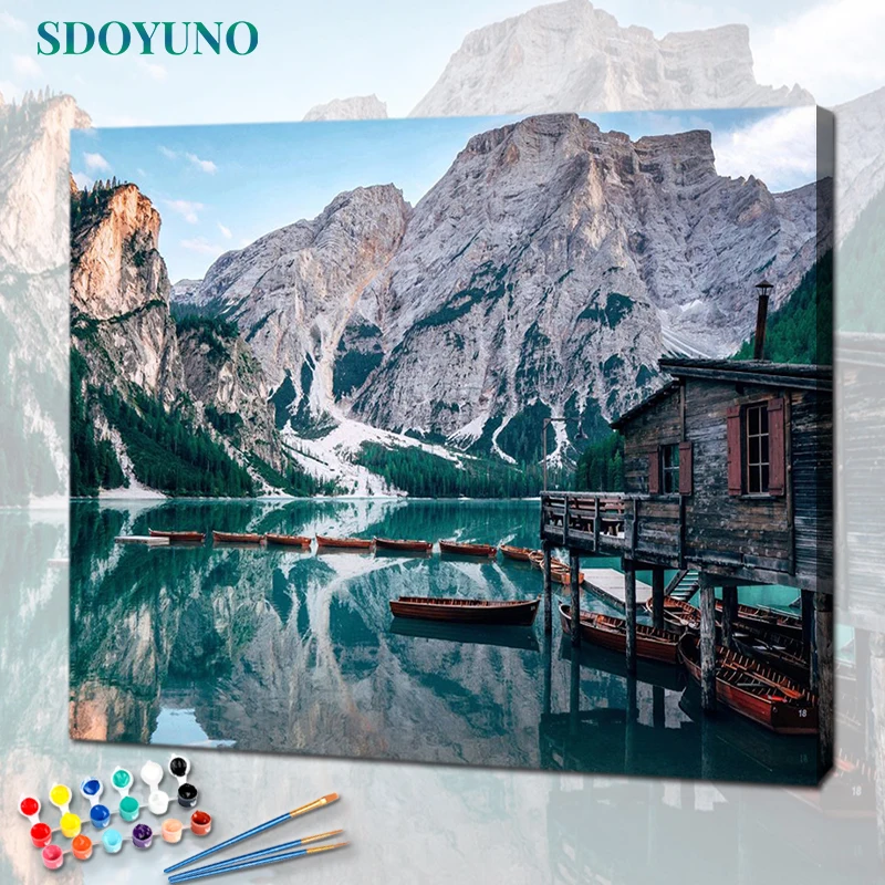 SDOYUNO Acrylic Paint By Numbers Lake Scenery DIY 60x75cm Oil Painting By Numbers Canvas Painting Landscape Home Decor