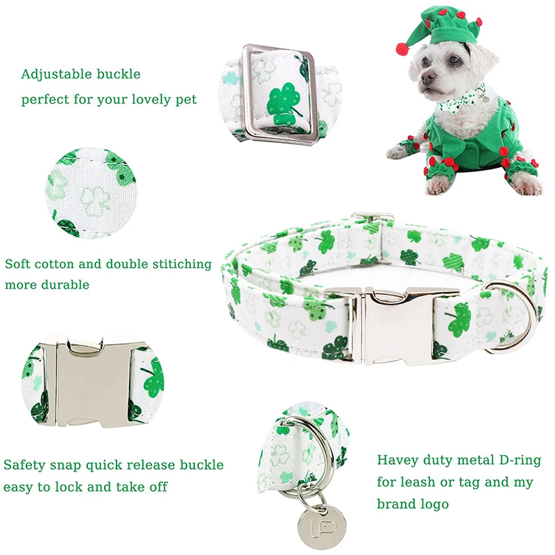 Unique Style Paws Personalized St.Patrick's Day Dog Collar with Bow Tie Flower Green Pet Dog Collar for Large Medium Small Dog