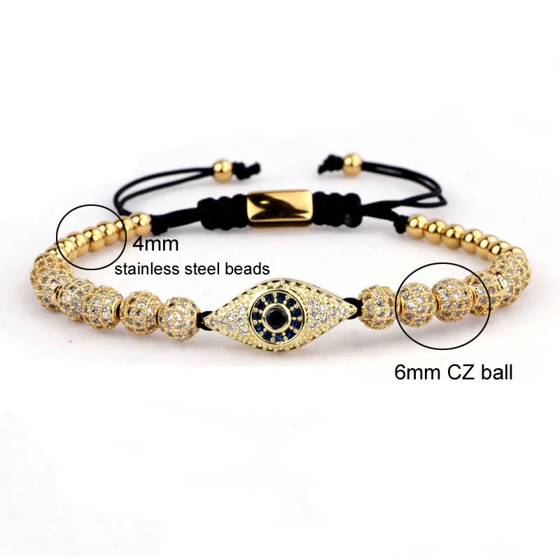 Nova Moda Luxo CZ Pedra Natural Imperial Gold Color Beads Crown Eyes Charme Pulseira Ajustável Mulheres Homens