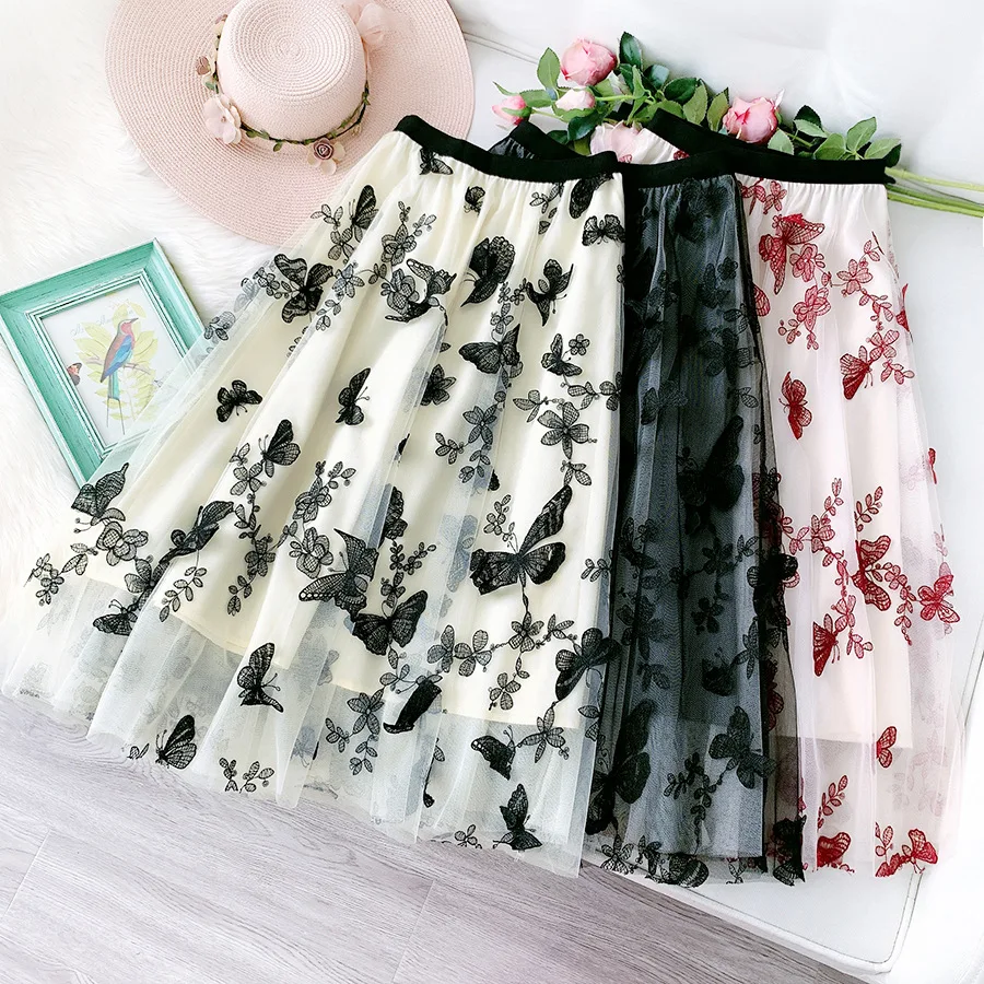 2020 Women Mesh Skirt High Waist A-Line Tutu Skirts Butterfly Embroidered Skirts Womens Sweet Skirts Girl Streetwear Saias Femme