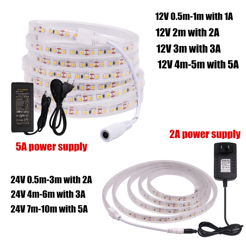 IP67 Waterproof LED Strip with Power Supply DC 12V 24V 120LEDs/m 2835 Flexible Tape LED Light Lamp Natural Warm White 0.5-10M