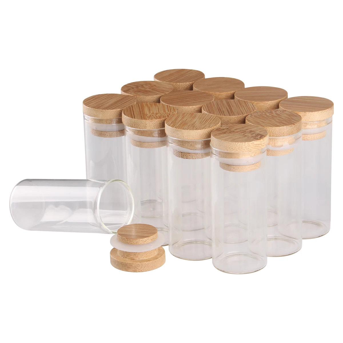 12 sztuk/partia 10ml 15ml 20ml 25ml 30ml 40ml 45ml 50ml 60ml szklane puste butelki z bambusa czapki Spice słoiki szklane naczynia DIY rzemiosło