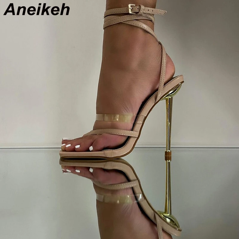 Aneikeh 2024 Summer New Sandals Women Shoes Transparent Color Matching Electroplating High Heel Toe Sandals Heels Party Pumps