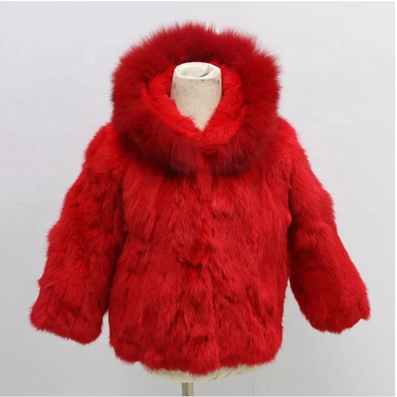 

Custom Winter Kids Jackets Rabbit Fur Coat Fox Fur Trim Hoods Children Warm Casual Custom Color Girls Boys Real Fur Clothes