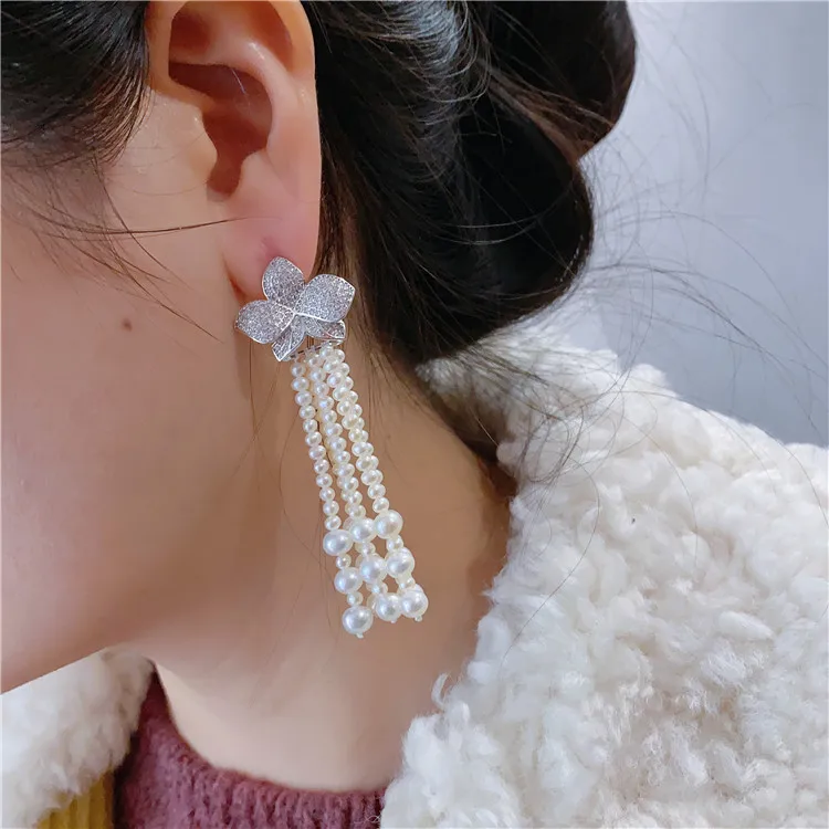 1 pairs 2.5'' 4-5MM White Pearl CZ Earrings