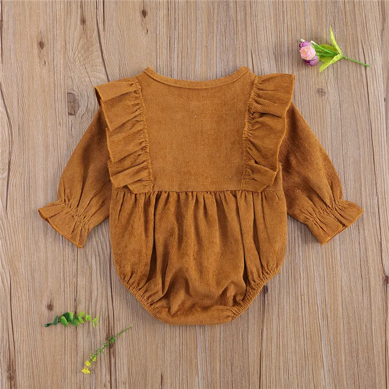 Baby Girls Solid Corduroy Bodysuits 0-24M Newborn Toddler Spring Fall Casual Cotton Long Sleeve O-Neck Ruffled Jumpsuits Outfits