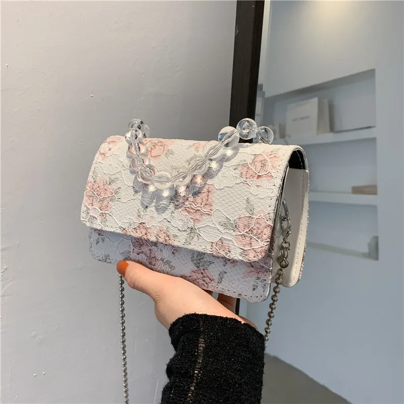 Fashion Women Net Yarn PU Leather Shoulder Bag Flower Lace Embroidery Crossbody Bag Casual Ladies Pearl Chain Mini Flap Bag
