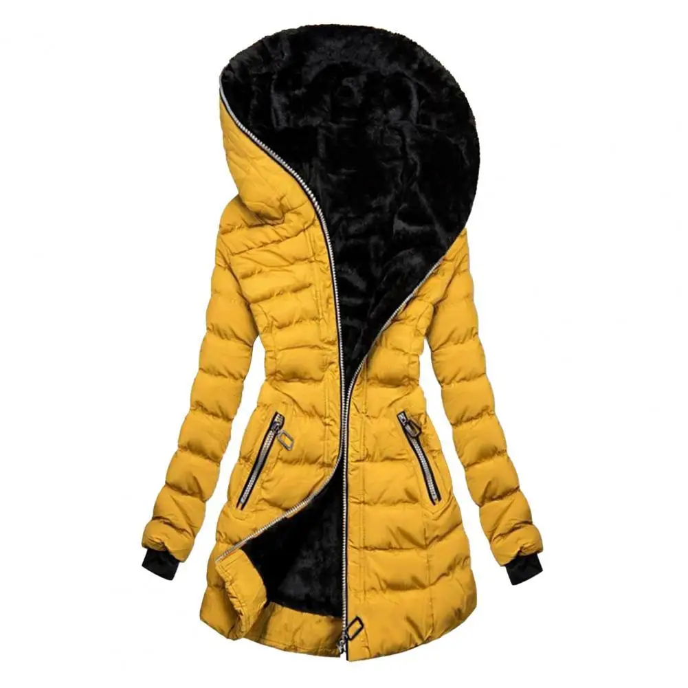 Winter Women\'s Jacket Coat Solid Color Zipper Closure Slim Waist Hooded Quilted Overcoat for Women Outdoor