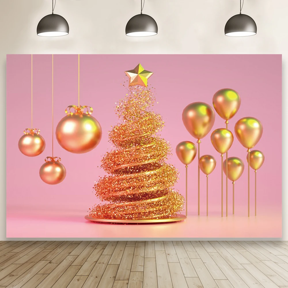 Laeacco Golden Balloon Christmas Tree Baby Birthday Portrait Custom Backdrop Photographic Photo Background For Photo Studio