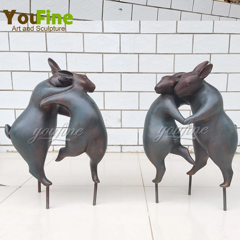 

19.7" Bronze Rabbit Statue Modern Abstract Rabbit Sculpture Two Rabbits Cast Bronze Sculpture Home Garden Statue Decoration