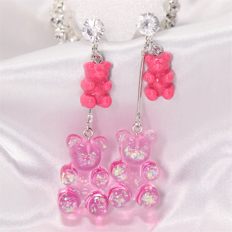 New Fashion Sequins Resin Gummy Big Bear Long Dangle Earrings Women Girl DIY Cartoon Animal Bear Earrings Creative Drop Jewelry