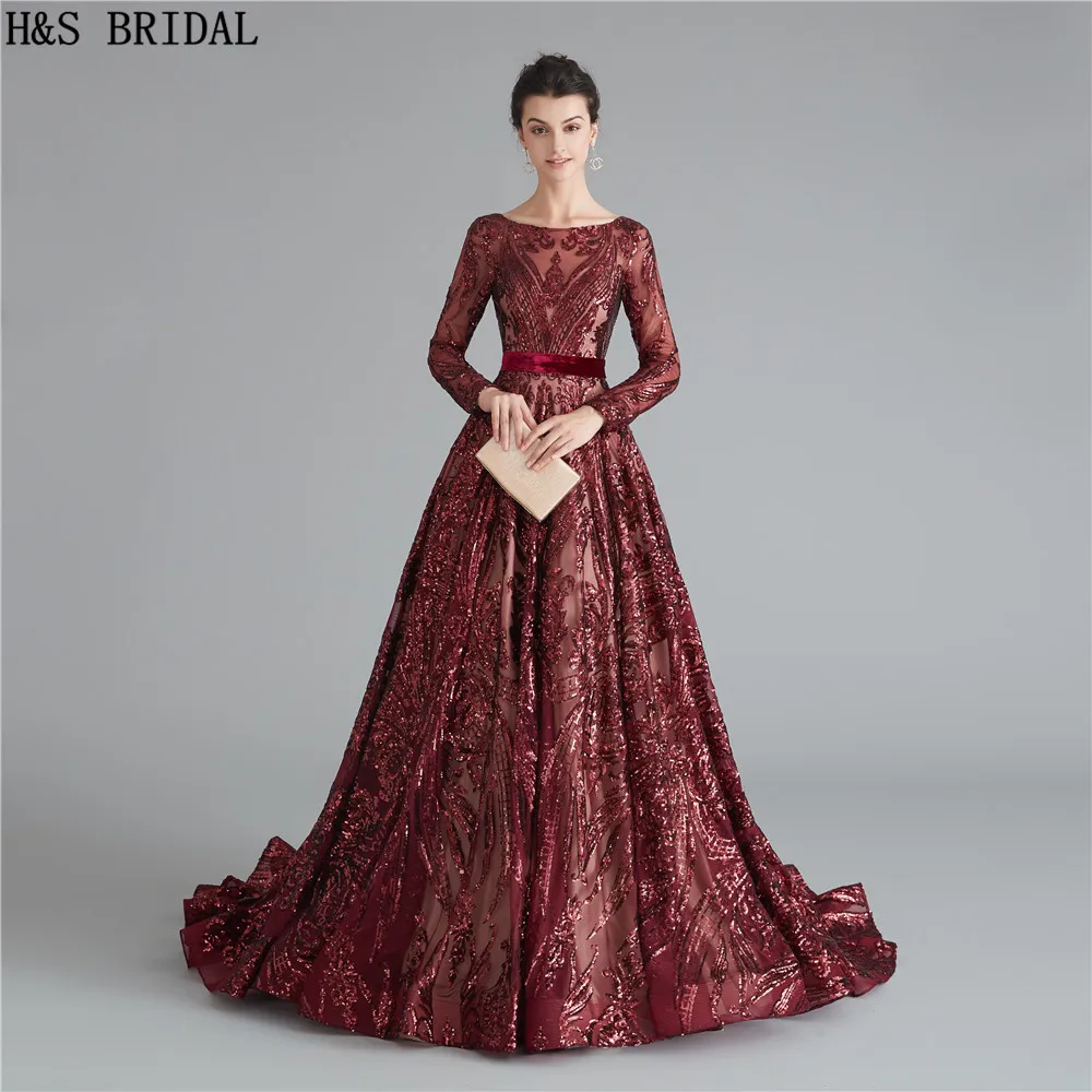 Burgundy แขนยาวชุดราตรีเลื่อม Backless ชุดราตรียาวชุดราตรีชุด Robe de Soiree อย่างเป็นทางการ