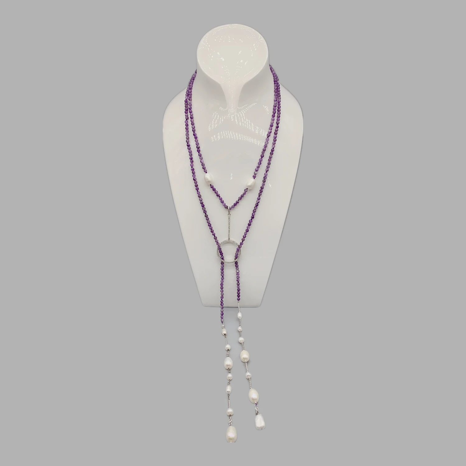 

FoLisaUnique 4mm Purple Amethyst Necklace For Women White Gold Filled Beads Cubic Zirconia Loop Baroque Pearls Lariat Necklace