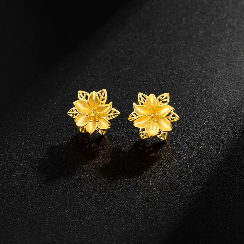 24K Gold Color Stud Earrings for Women Fine Jewelry Vintage Hollow Flower Earring for Wedding Gift Gold Color Jewelry free ship