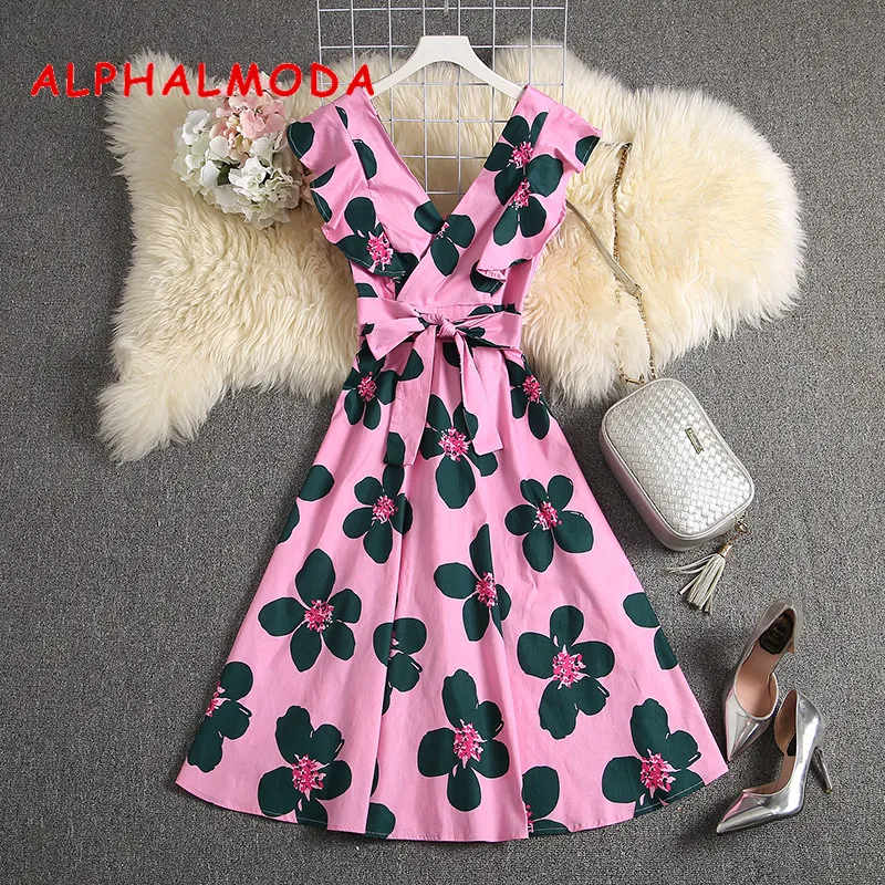 

ALPHALMODA 2019 New Floral Cotton Dress V-neck Ruffled Sleeve High Waist A-line Elegant Women Dresses