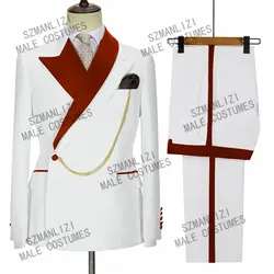 2022 neueste Mantel Hose Designs Weiß Formale Hochzeit Männlichen Kleid Burgund Revers Zweireiher Bräutigam Party Anzüge Für Männer Beste mann