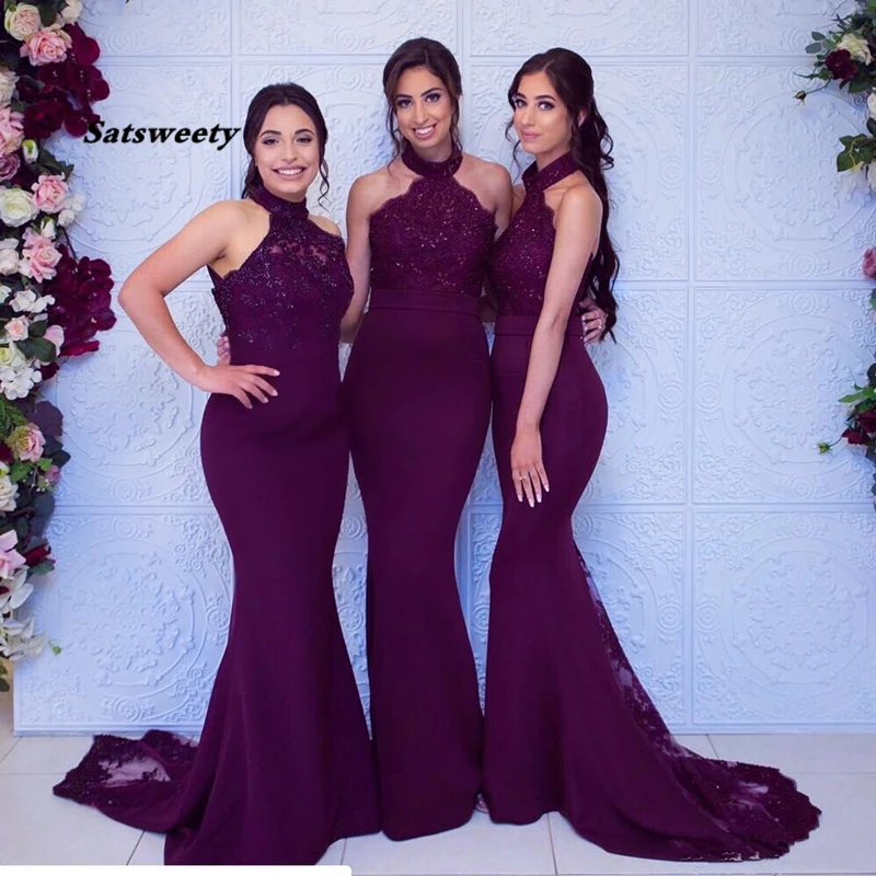 Sexy Grape Mermiad Bridesmaid Dress Cheap Long High Neck Wedding Guest Black Girl Wedding Prom Party Gowns