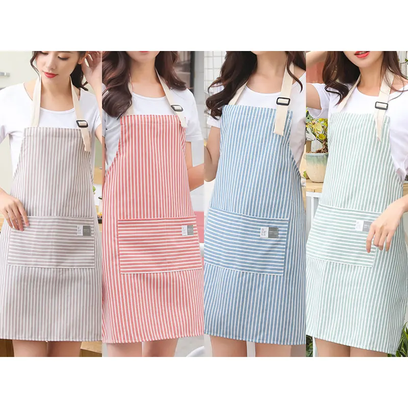 British Style Apron Cotton Linen Adult Stripes Fashion Simple Large Pocket Baking Cooking Kitchen Apron Cafe Shop Adjustable