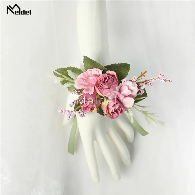 Meldel Boutonniere 손목 Corsage 웨딩 신부 들러리 팔찌 남자 Boutonniere 여자 손목 Corsage 꽃 실크 레드 로즈 Boutonniere