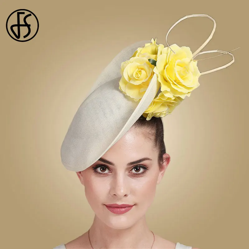 

FS Beige White Kentucky Big Fascinators For Wedding Hair Cocktail Church Hats Elegant Women Fedora Lady Fancy Flower Headwear