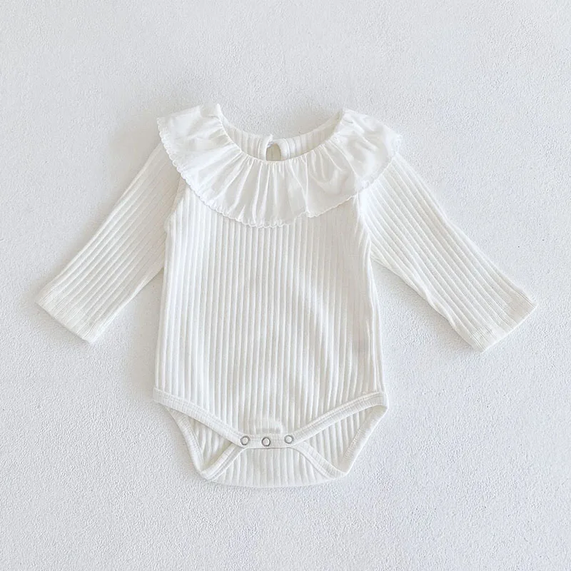 Infant Baby Girls Long Sleeves Pure Color Knit Rompers Lotus Leaf Collar Baby Children Jumpsuit Spring Autumn Baby Girls Rompers