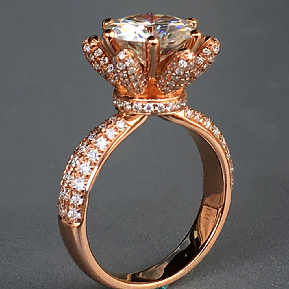 Custom Solid 18K Au750 Rose Gold Ring Women Wedding Party Engagement Ring 1 2 3 4 5 Carat Flower Round Moissanite Diamond Ring