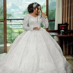 Customized Plus Size Ball Gown Wedding Gowns Beading Long Sleeve Crystal Sequins V Neck Bridal Party Dresses Vestidos De Novia