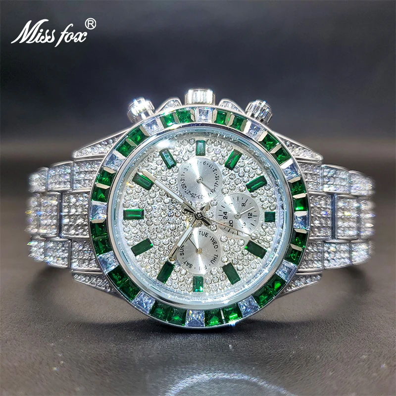 Ice Out Green Diamond Watch For Men Brand Luxury Sport Style Chronograph Men\'s Quartz Watches Durable Clock Good For Value