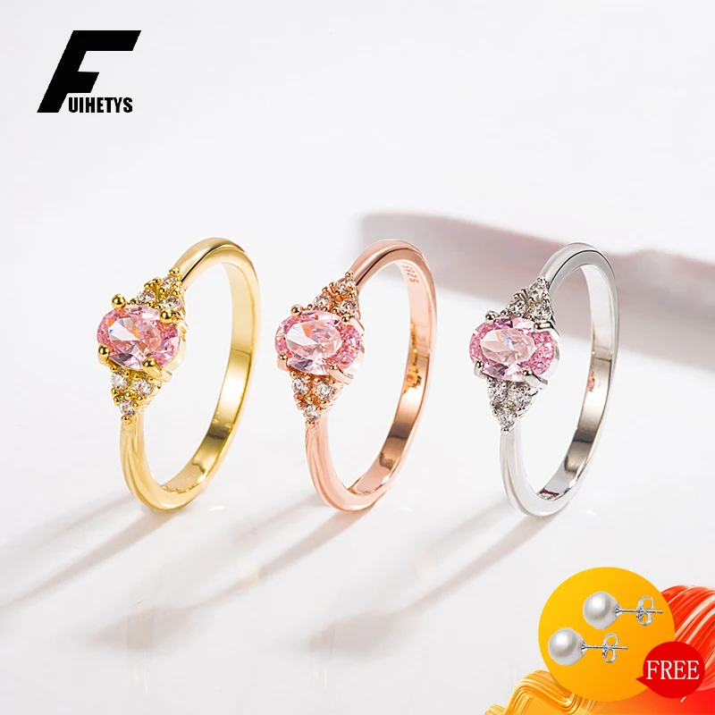 Trendy 925 Silver Jewelry Ring Oval Shape Pink Zircon Gemstone Finger Rings for Women Girl Wedding Engagement Party Accessories