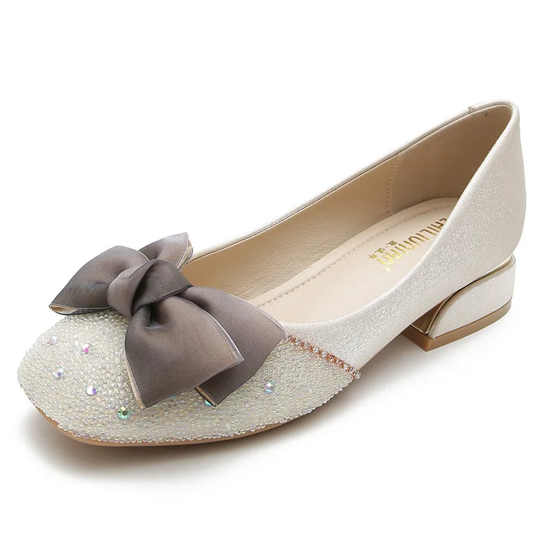 

Pumps For Women Butterfly Knot Low Heeled Ladies Heels Female Wedding Party Work Shoes 328-18
