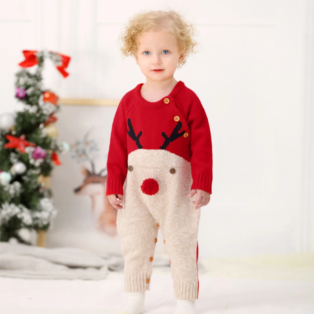 0-2Y Baby Boy Girl Christmas Rompers Reindeer Knitted Infantil Jumpsuits Xmas New Year\'s Costume Winter Warm Wool Baby Clothing