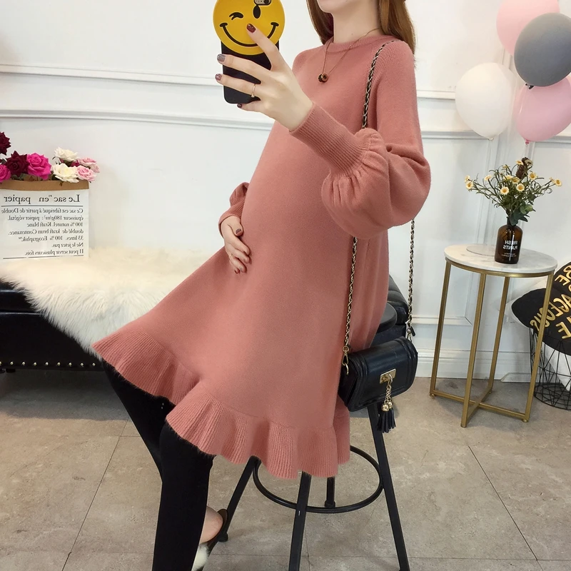 Winter Clothes Maternity Sweaters Ruffle Knitting Pregnant Sweater Pregnancy Relaxed rest Pregnant Sweater Pullover dress