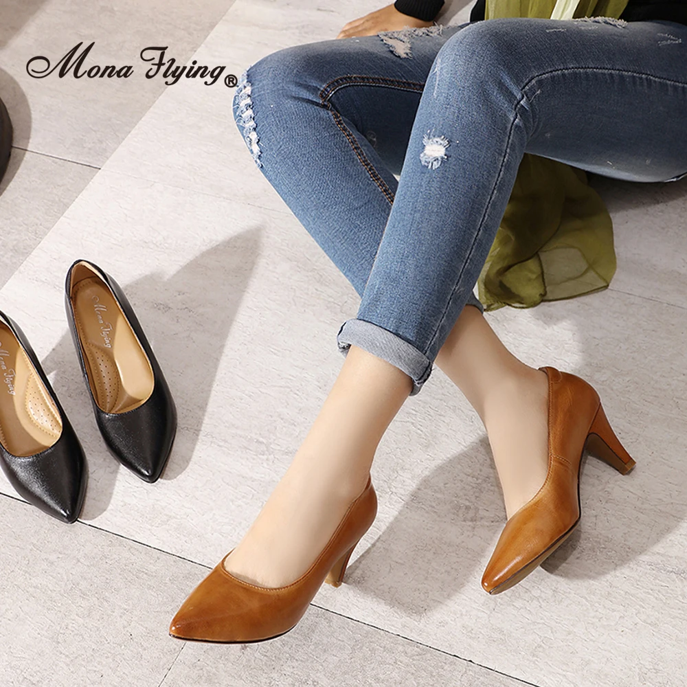 

Mona Flying Women Leather 7cm High Heels Pumps Hand-made Comfort Pointed Toe Dress Shoe for Party Fashion Elegant Ladies G168-12