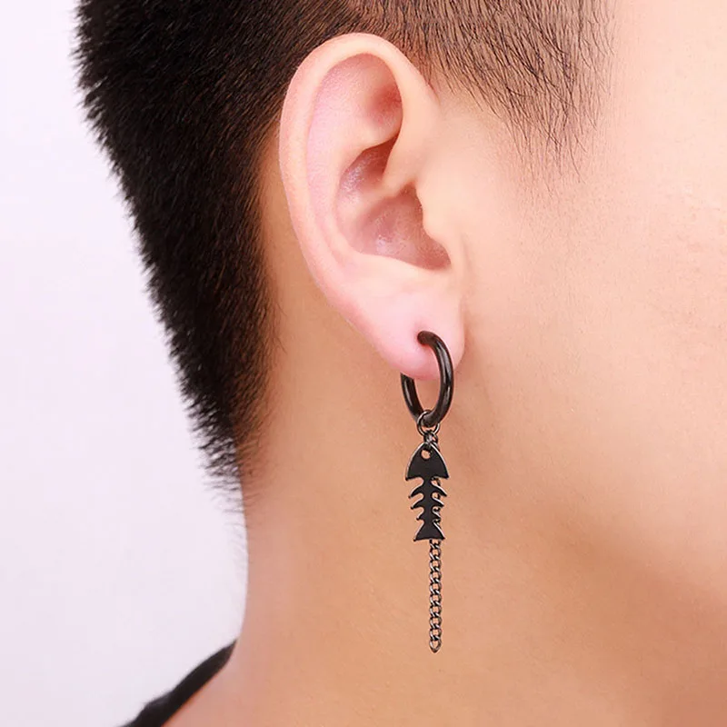 SOHOT New Unisex Titanium Stainless Steel Fish Bone Hoop Earrings Black Color HipHop Wholesale Punk Chic Tassel Chain Man Party