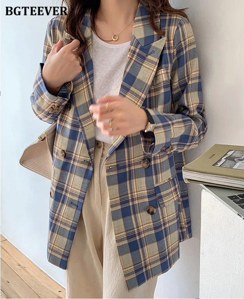 BGTEEVER Vintage Double Breasted Plaid Blazer for Women 2021 Spring Chic Notched Collar Loose Female Suit Jackets