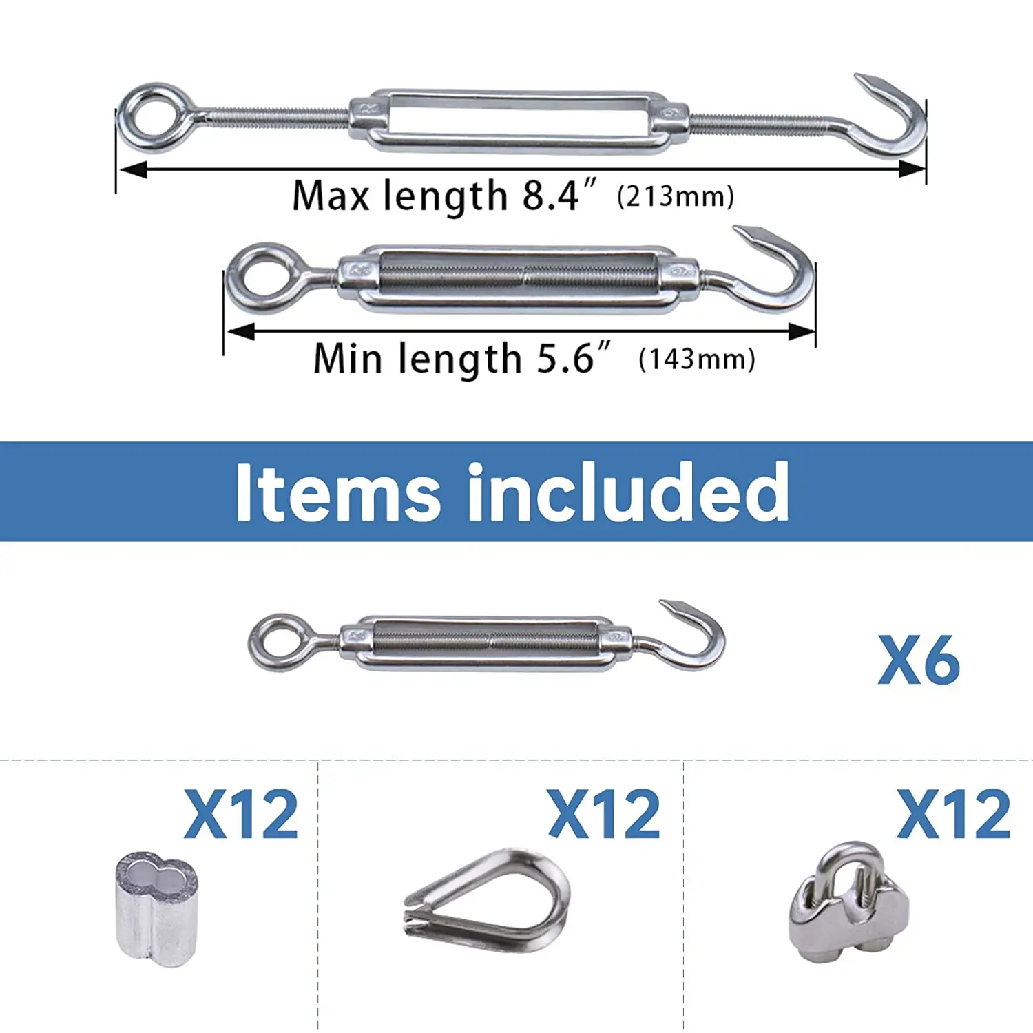 6Set Cable Railing Kit M6 Hook & Eye Turnbuckle Wire Rope Tension M3 Clip Clamp Aluminum Crimping Loop 304 Stainless Steel