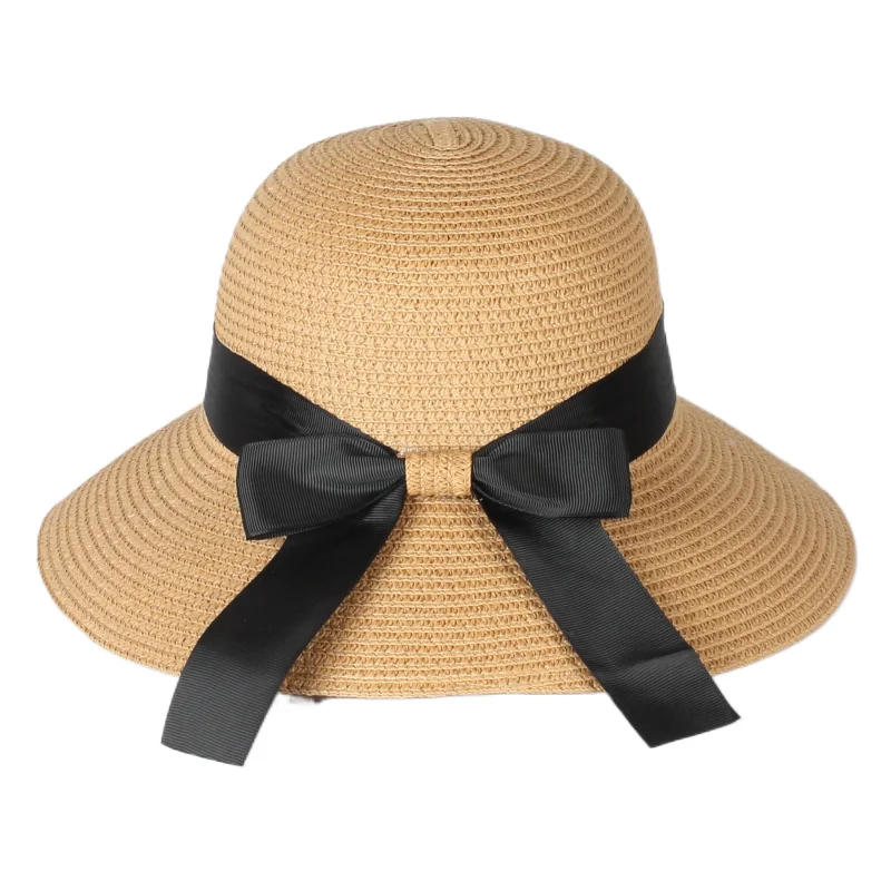 Shade Cool Bowknot Straw Bucket Hat Fashion Big Eaves Folding for Travel Holiday Summer Beach Paper Eco-friendly