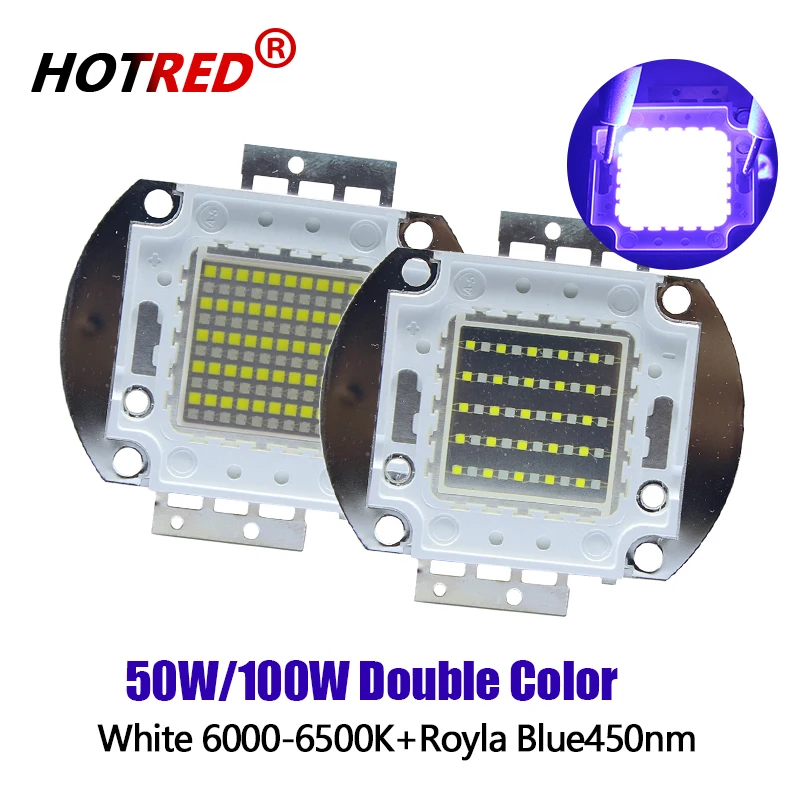 1 pz 50W 100W doppio colore LED bianco 6000k blu reale 450nm Chip Bulb Plant Grow Light Aquarium Lamp