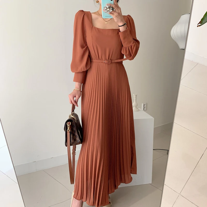 

Wavsiyier Vintage Spring Autumn 2022 Square Collar A-line Dresses Women Dress Luxury High Waist Elegant Party Long Sleeve Runway