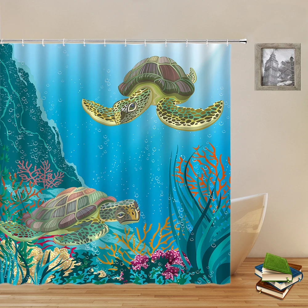 Cartoon Sea Turtle Shower Curtains Funny Ocean Animal Underwater World Scenery Seaweed Coral Pattern Bath Decor Cloth Curtain