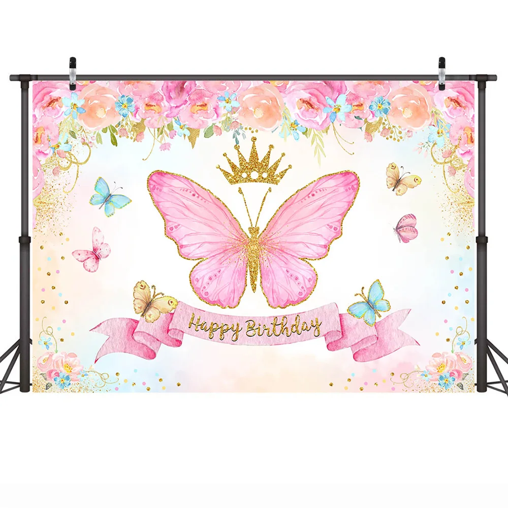 Butterflies Sweet Girl Happy Birthday Photo Backdrop Colorful Flowers Children Newborn Baby Shower Background Butterfly Shoot