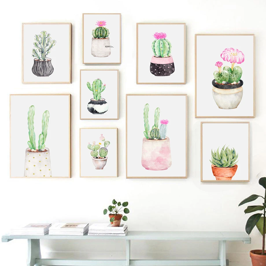Nordic Style Art Print Pastel Cactus Flower Canvas Painting Poster Botanical Wall Art Pictures For Living Room Home Decoration