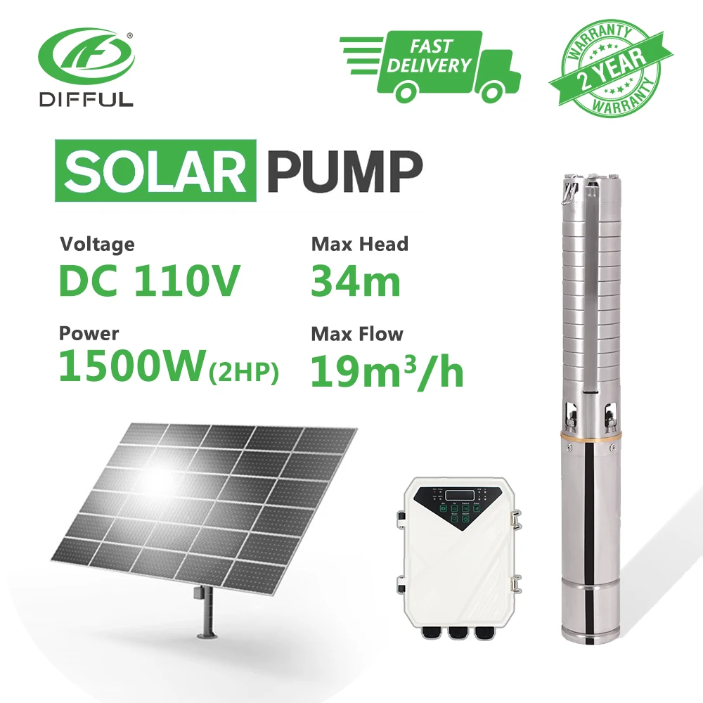 

4" DC Deep Well Solar Water Pump 110V 2HP MPPT Controller Stainless Steel Impeller Bore Hole High Pressure(Head 34m, Flow 19T/H)