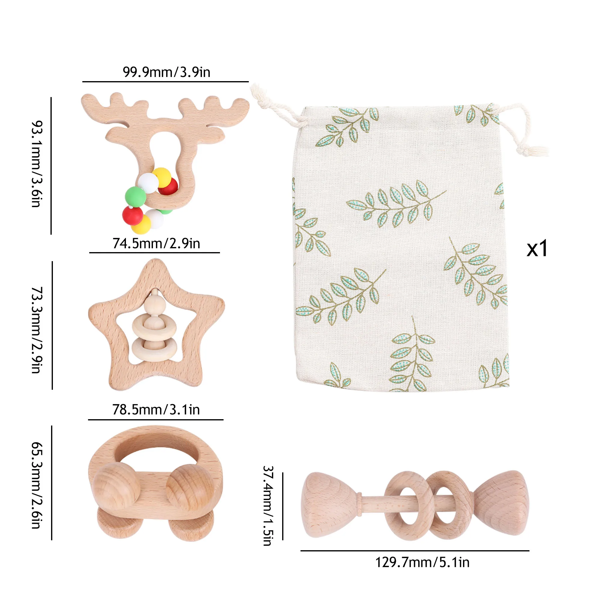 Letmake s fazer 4 pçs brinquedos do bebê elk carro chocalho de madeira mordedor faia conjunto de brinquedos de madeira mordedor contas de silicone bebê berço chocalho kit