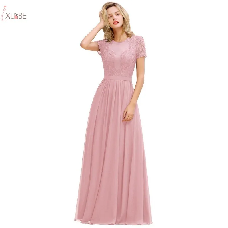 

Pink Chiffon Long Bridesmaid Dresses 2019 Elegant A line Wedding Party Guest Gown Sexy Lace Applique vestido madrinha