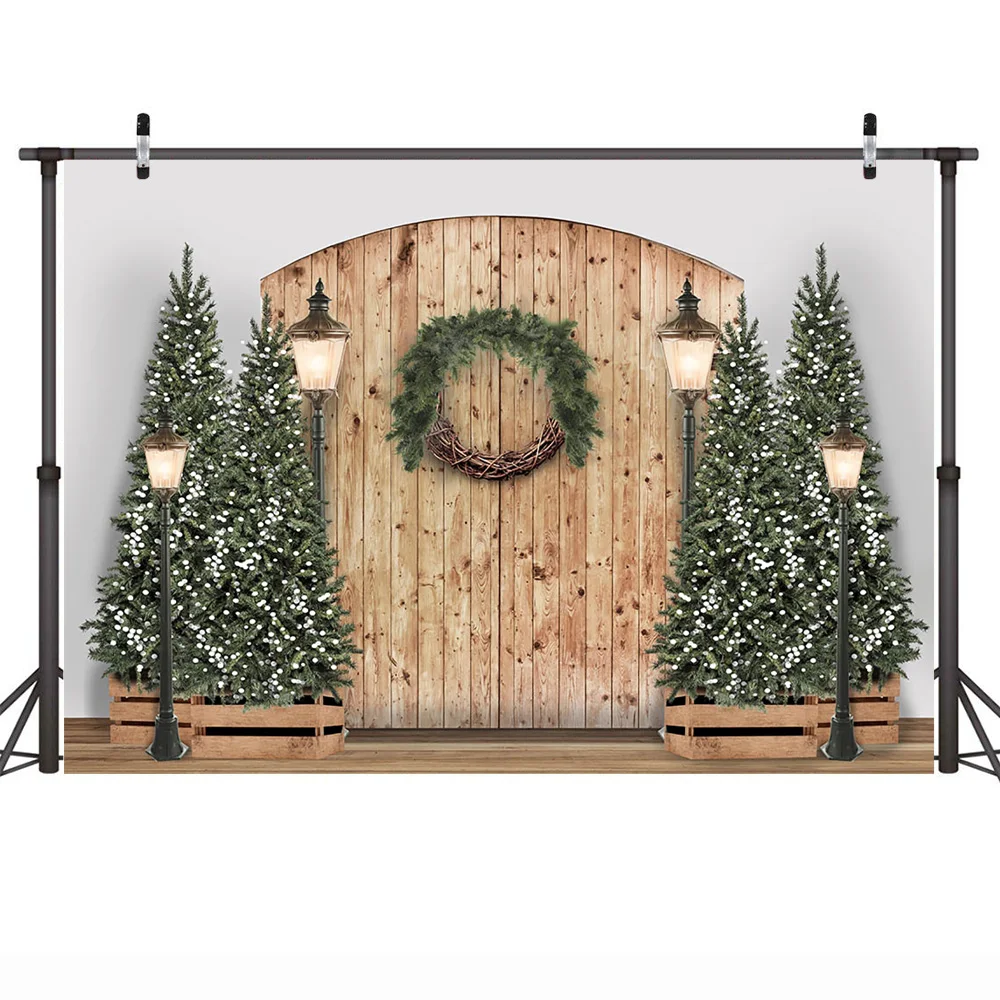 عيد الميلاد الرجعية ريفي الباب خلفية إكليل مصباح أشجار عيد الميلاد ديكور الحفلات الشتاء الأطفال عيد ميلاد خلفية استوديو الصور