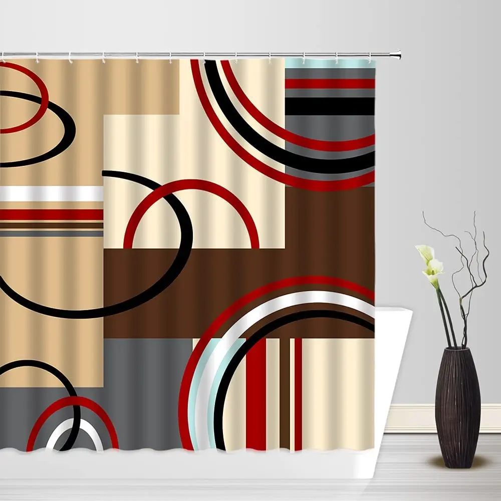 

Mid Century Shower Curtains Vintage Geometric Abstract Colorful Striped Rectangle Shaped Retro Creative Modern Bathroom Deco Set