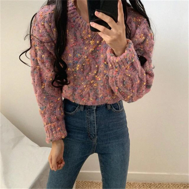 Casual Korean O Neck Sweater Women Print Vintage Sweet Sweater Loose Long Sleeve Chic Streetwear Autumn Sweater Women\'s Clothing