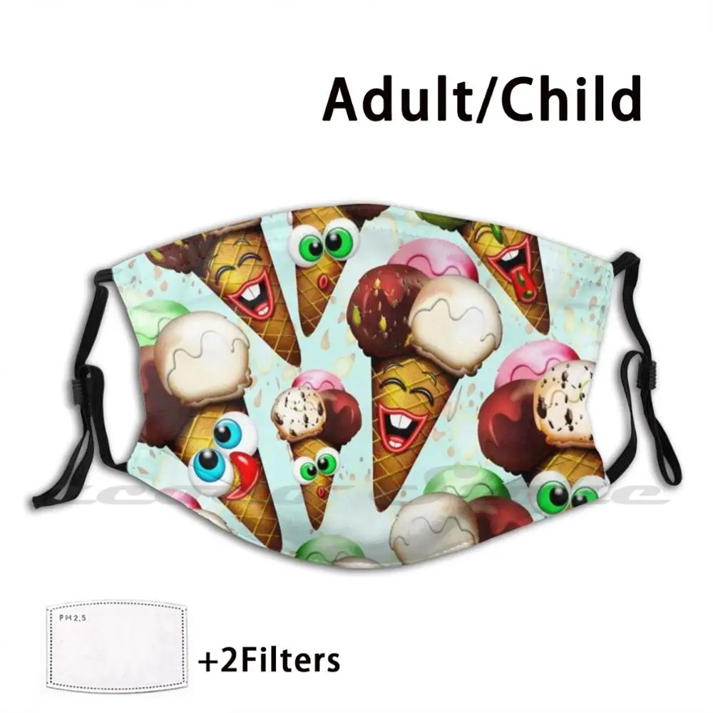 Ice Cream Cones Cartoon Pattern Custom Pattern Washable Filter Pm2.5 Adult Kids Mask Ice Cream Cartoon Cone Ice Cream Cone