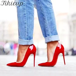 Tikicup 8cm 10cm 12cm Women Solid Basic Patent Pointed Toe High Heel Pumps 9 Colors Elegant Ladies Wedding Stiletto Shoes 33-45